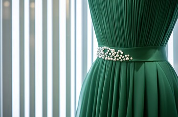 Elegant Green Dress with Pearl Waist Detail
