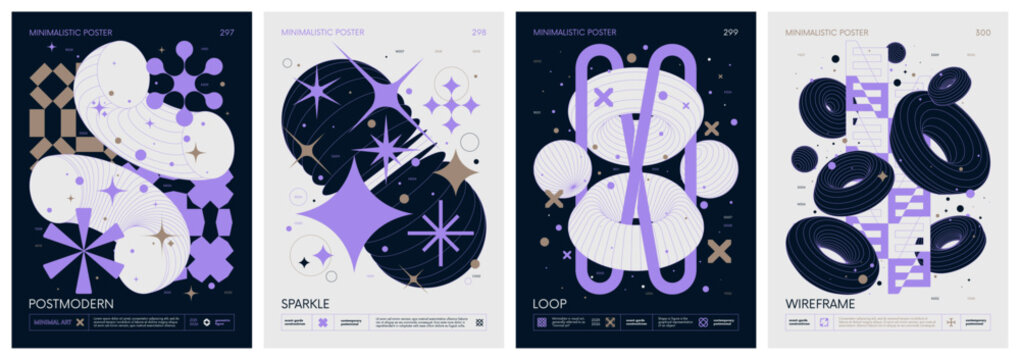 Brutalist style vector minimalistic Posters with silhouette basic figures, Retro futuristic graphic elements of geometrical shapes rave composition, Modern monochrome print artwork, color set 75