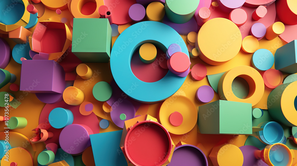 Poster abstract background with colorful 3d shapes scattered in geometric composition