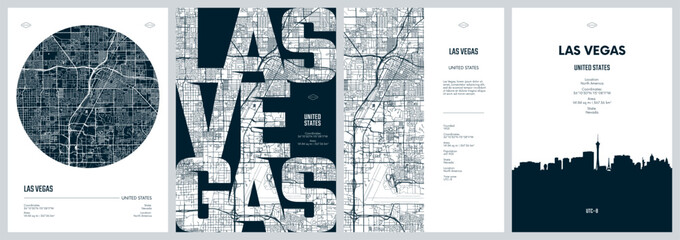 Set of travel posters with Las Vegas, detailed urban street plan city map, Silhouette city skyline, vector artwork © max_776
