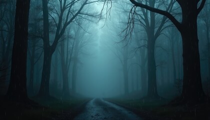 Misty forest path at dusk with trees silhouetted against a foggy background and light filtering through the branches