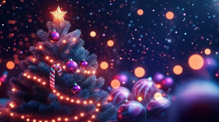 Decorated Christmas tree with baubles and glowing lights on isolated dark purple background