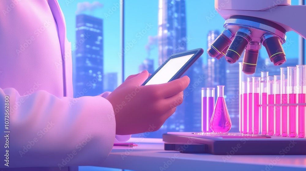 Poster scientist using smartphone in modern laboratory with microscope.