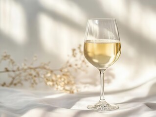 elegant glass of white wine or champagne poised for a toast against a soft white background, radiating celebration and sophistication