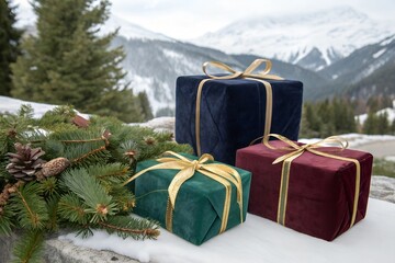 presents wrapped in velvet emerald green, navy, and burgundy papers, tied with golden ribbons; surrounded by sprigs of pine and lush greenery, snowy mountains background