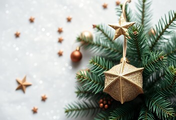 Festive Christmas Ornament and Fir Branch with Gold Stars