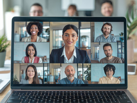 Close-up view of a businesswoman leading a remote team discussion via a virtual meeting platform on a laptop