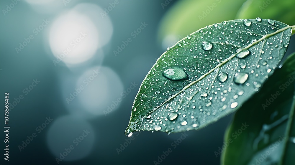 Wall mural Lush Green Leaf Glimmering with Water Droplets in a Tranquil Setting of Nature's Beauty Unveiled. Natural Macro Shot Texture Environment Concept