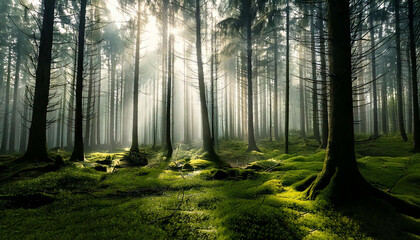 Obraz premium Photo of a forest with fog and a little sunlight coming in