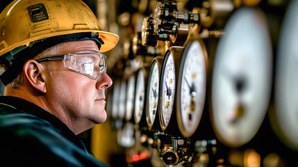 Engineer inspecting analog gauges at a gas plant facility while ensuring operational safety and efficiency