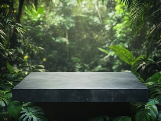 empty black concrete tabletop in a lush jungle background, perfect for product presentation, surrounded by greenery, enhancing the natural allure and versatility of the display surface