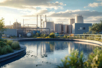 Obraz premium Water treatment plant with clean water pool and industrial facilities in background showcasing environmental technology and infrastructure