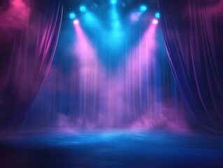 empty stage illuminated by blue and purple spotlight, with a foggy atmosphere enhancing the mystery. the backdrop is elegantly designed, awaiting a performance or event