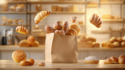 Rustikale Papiert&uuml;te mit Bl&auml;tterteiggeb&auml;ck und schwebende Backwaren in gem&uuml;tlicher B&auml;ckereiszene