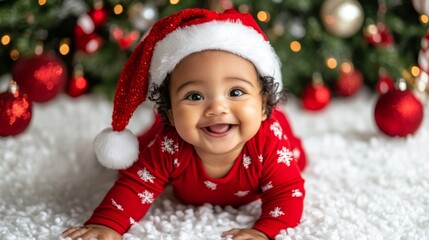 Cute baby wearing Santa hat and Christmas outfit smiling at camera in front of decorated Christmas tree