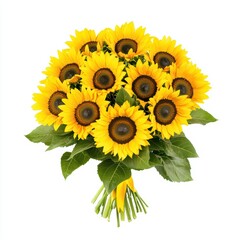 Obraz premium Vibrant bouquet of sunflowers with lush green leaves.