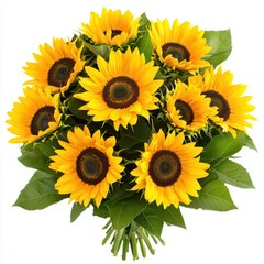Obraz premium Vibrant bouquet of sunflowers with rich green leaves.