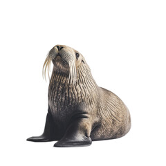 Realistic walrus plush toy on white background