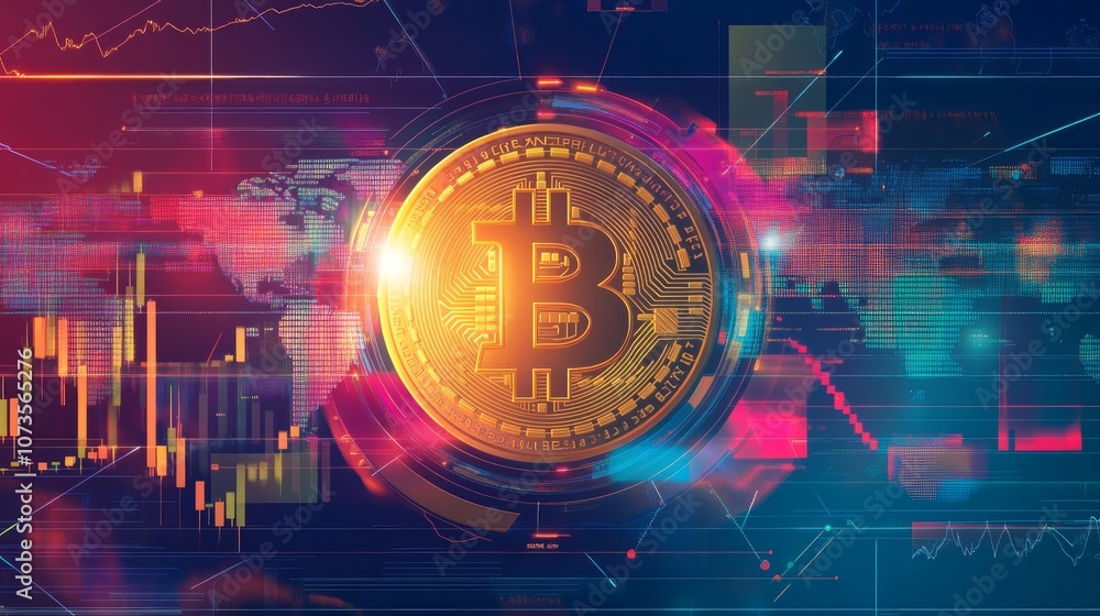 Poster a golden bitcoin coin with the letter b in the center is surrounded by a glowing circle, set against