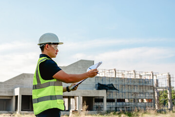 Construction engineers inspect the progress of building construction plans and inspect the structural integrity.