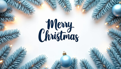 Christmas greeting card with branches and baubles. Xmas frame with Merry Christmas lettering