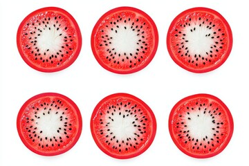 Fototapeta premium Vibrant slices of dragon fruit arranged in a pattern.