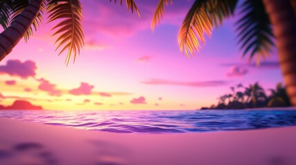 Vibrant sunset over serene ocean with palm trees framing the view.