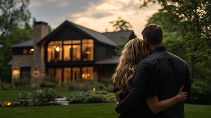 Obraz premium A couple embraces peacefully in front of a beautifully lit home during sunset, capturing a moment of love and tranquility in a serene environment.