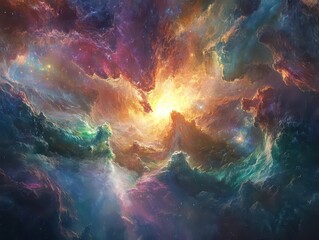 Fototapeta premium epic depiction of creation with celestial bodies, swirling galaxies, and radiant light bursting from a cosmic void, representing the genesis of heaven and earth, vibrant colors and dynamic movement