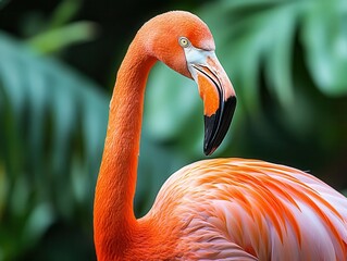 exotic close-up of a pink flamingo standing gracefully with a softly focused natural background, emphasizing the bird's vibrant colors and elegance - Powered by Adobe