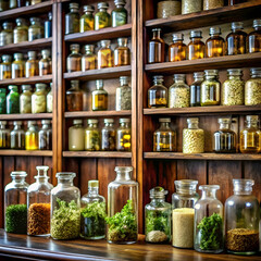An antique apothecary brimming with glass bottles and herbs, evoking nostalgia.