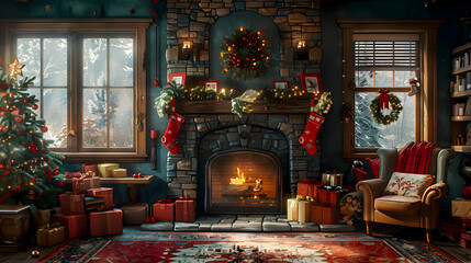 Cozy Family Room with Lit Fireplace and Christmas Décor