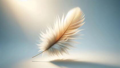 A photorealistic background of a minimal, feather in creamy white and pale gold colors floating in an ethereal clear sky.