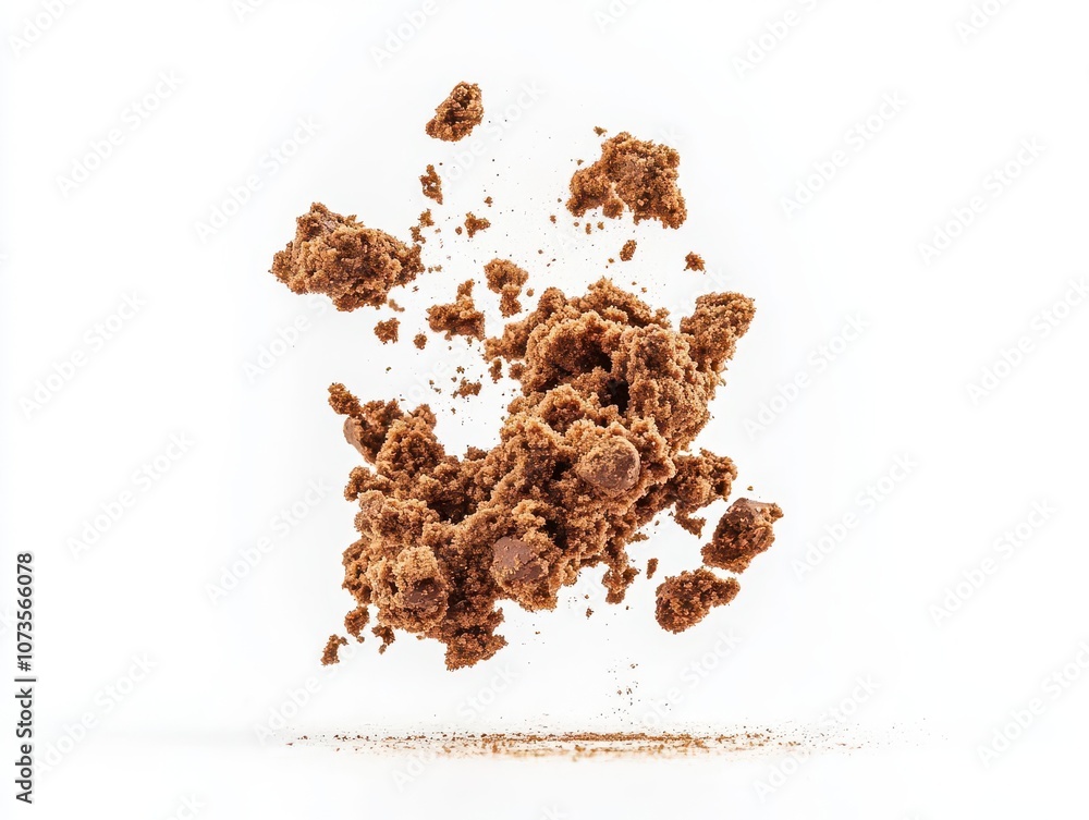 Poster exploding chocolate cookie crumbs, seemingly suspended in air, isolated on a clean white background,