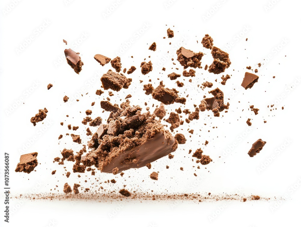 Poster exploding chocolate cookie crumbs, seemingly suspended in air, isolated on a clean white background,