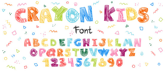 Crayon kids font, doodle funny playful alphabet, hand drawn letters and numbers. School wax crayon abc for educational banners, school, kindergarten. Vector cartoon children illustration