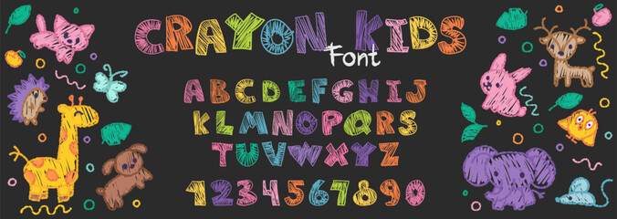 Crayon kids font, children cartoon  alphabet with doodle hand drawn letters, animals and numbers. Chalk style abc for educational banners, kindergarten, book covers. Vector illustration. © Foxelle
