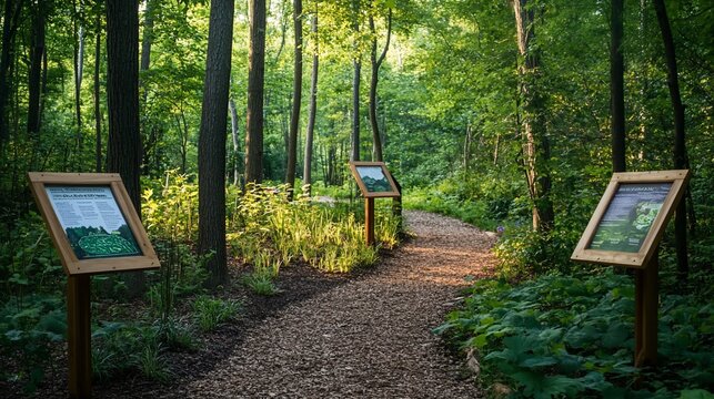 A winding path through a lush forest with interpretive signs on either side.