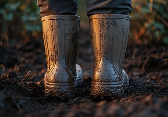 Muddy Rubber Boots In Field Close Up