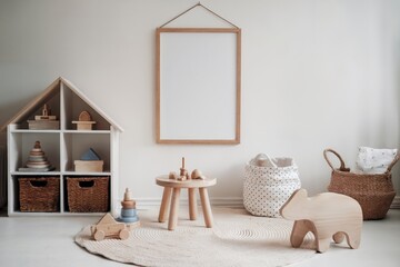 Wooden frame and toys in Scandinavian-inspired playroom