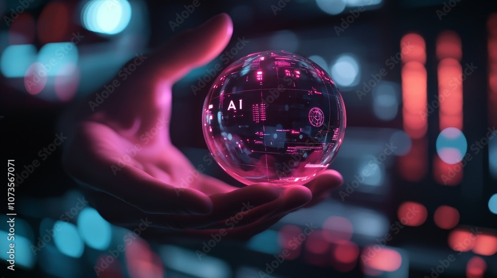 Poster a hand holding a transparent glass sphere with the letters 