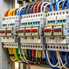 An intricate close-up of a circuit breaker reveals detailed components and labels.