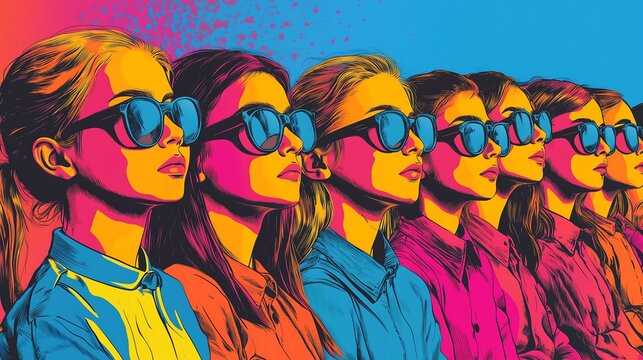 Vibrant pop art illustration of women in sunglasses. Symbolizing homologation, conformism, groupthink
