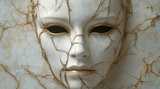 A cracked, white porcelain mask with gold veins symbolizes fragility and hidden emotions.