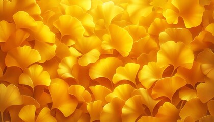 A full background image of overlapping, vibrant ginkgo leaves in bright yellow, in a hyper realistic style with soft, subtle dawn light.