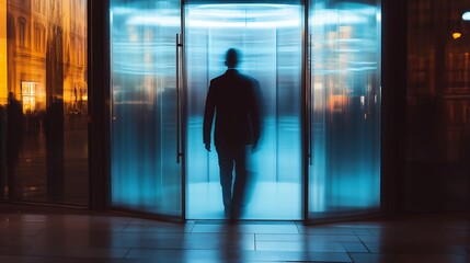 Blurred silhouette of a man entering a rotating door under a blue light in an urban setting.