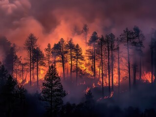 Obraz premium flames engulf towering trees, casting an eerie glow against the darkened forest. smoke billows into a deepening twilight sky, creating a haunting atmosphere