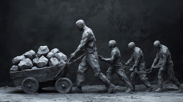 Sculpture depicting unequal workload and exploitation with chained figures pulling a heavy cart.