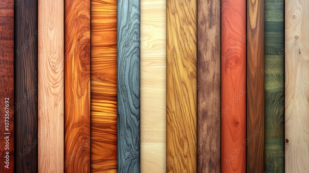 Poster a close-up of a variety of wood samples in different colors and patterns.