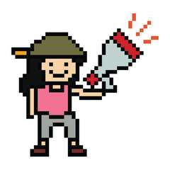 Obraz premium Cute pixel cartoon character woman with megaphone announcement speaker information announce decoration 8 bit female girl lady megaphone cartoon pixel game png vector.